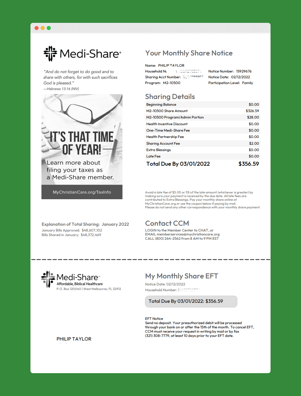 Medi-Share Monthly Share Notice Bill